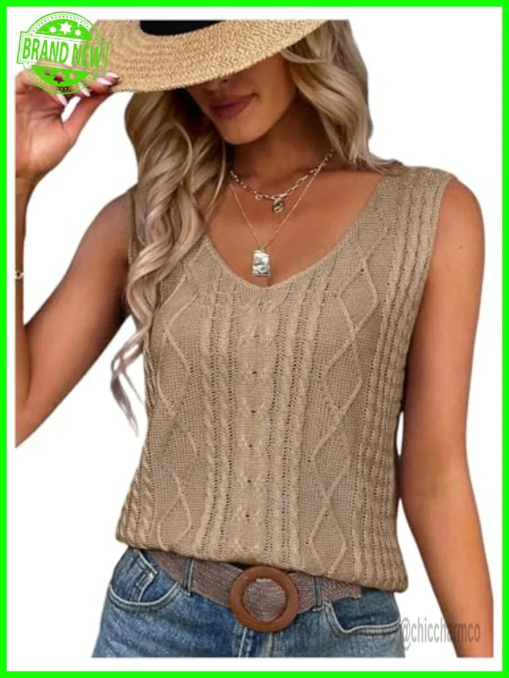 V-Neck Cable Knit Sweater Vest Sleeveless Tank Top